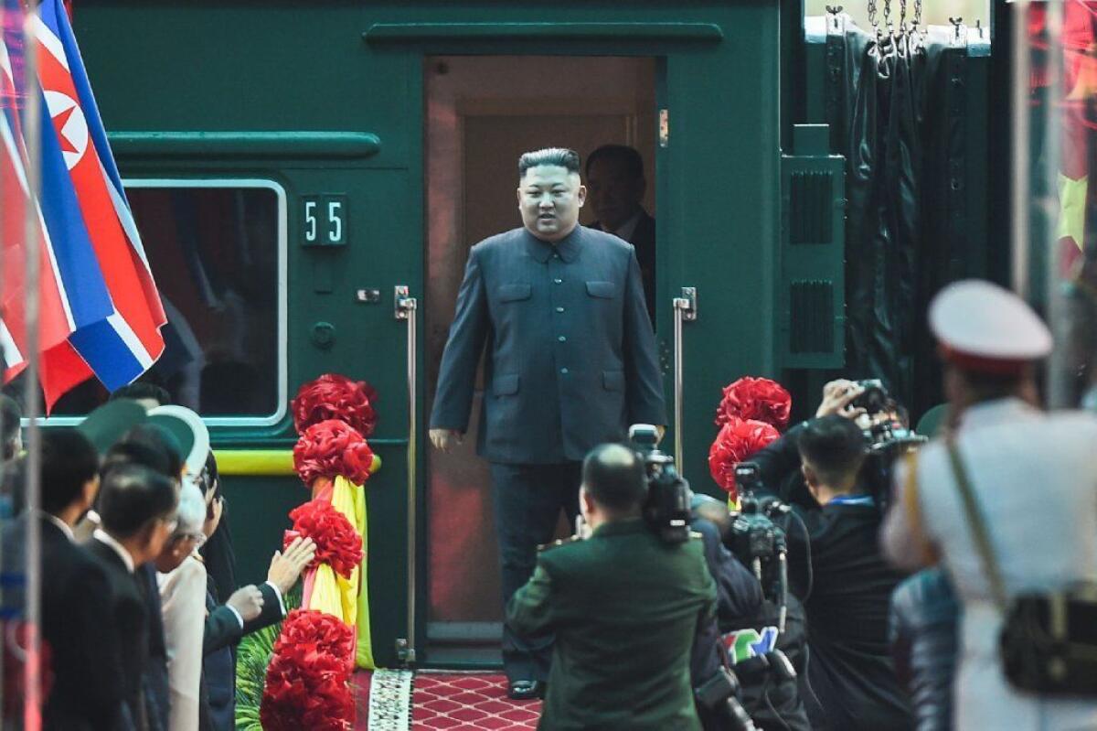 North Korean leader Kim Jong Un arrives at the Dong Dang railway station in Vietnam on Feb. 26, 2019.