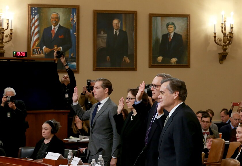 Noah Feldman, from left, Pamela S. Karlan, Michael Gerhardt and Jonathan Turley appear  before the House Judiciary Committee at Wednesday's impeachment hearing. 