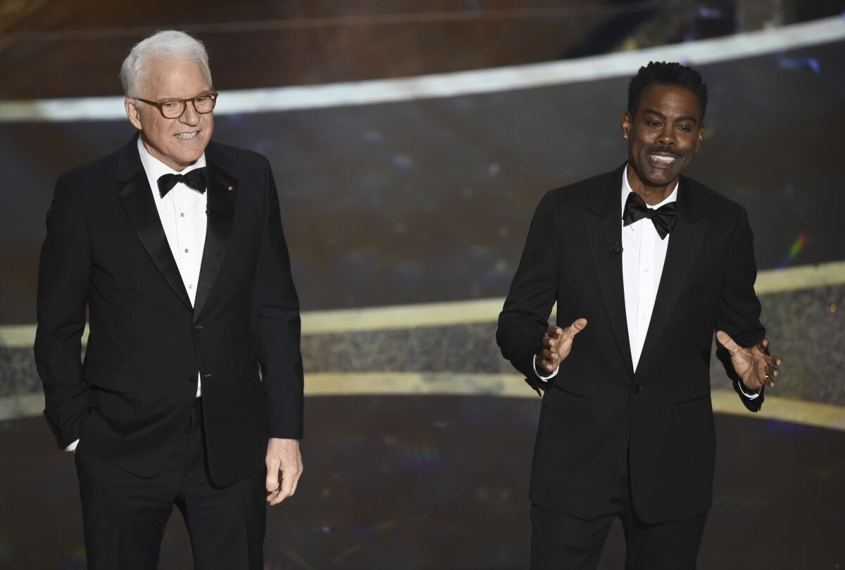 Steve Martin, left, and Chris Rock at the Oscars on Sunday at the Dolby Theatre in Los Angeles. 