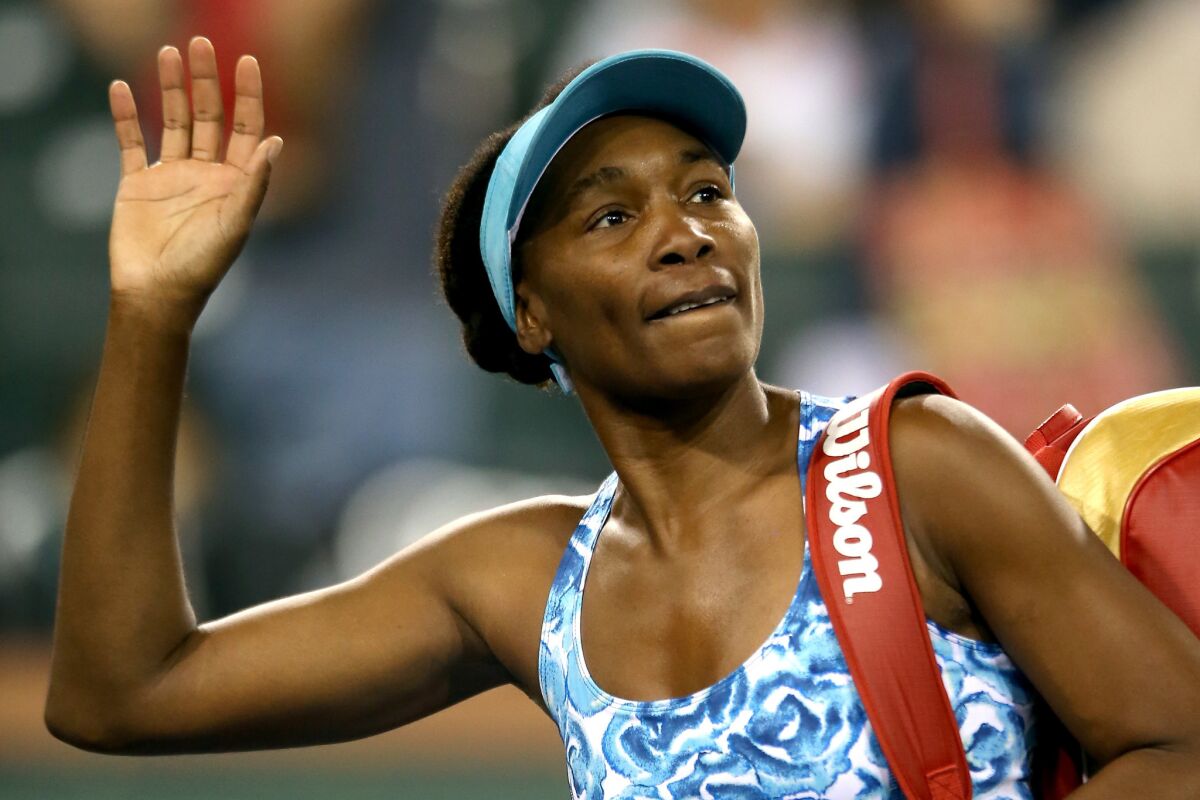 Venus Williams leaves the court after losing to Karumi Nara of Japan during the BNP Paribas Open at the Indian Wells Tennis Garden on March 11.