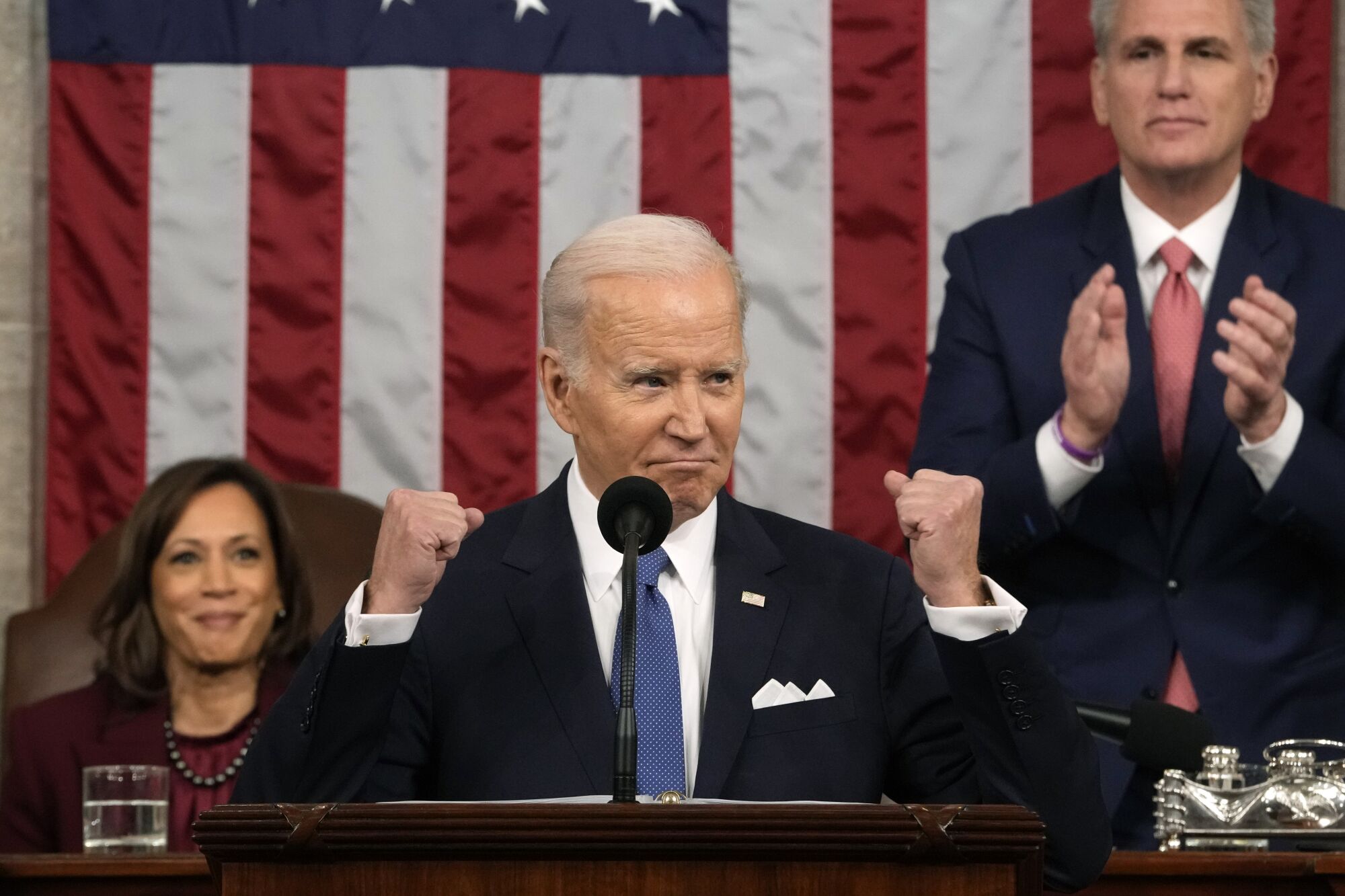 President Joe Biden speaks during a State of the Union address.