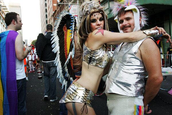 Parade goers assemble for the start of the annual Sydney Gay and Lesbian Mardi Gras Parade on Oxford Street.