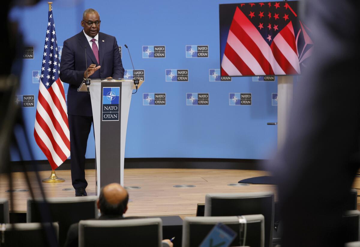 U.S. Secretary for Defense Lloyd J. Austin III speaks during a media conference at NATO headquarters