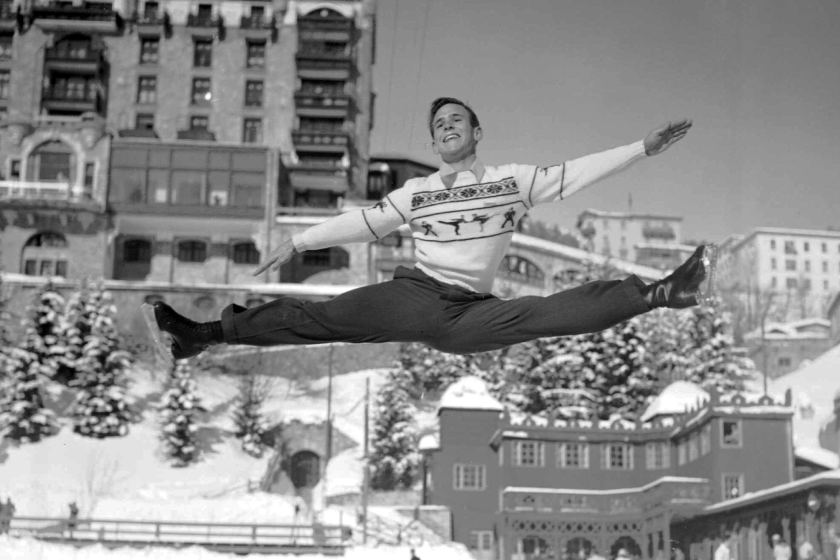 Dick Button leaps during practice for the 1948 Winter Olympics Games in St. Moritz, Switzerland.