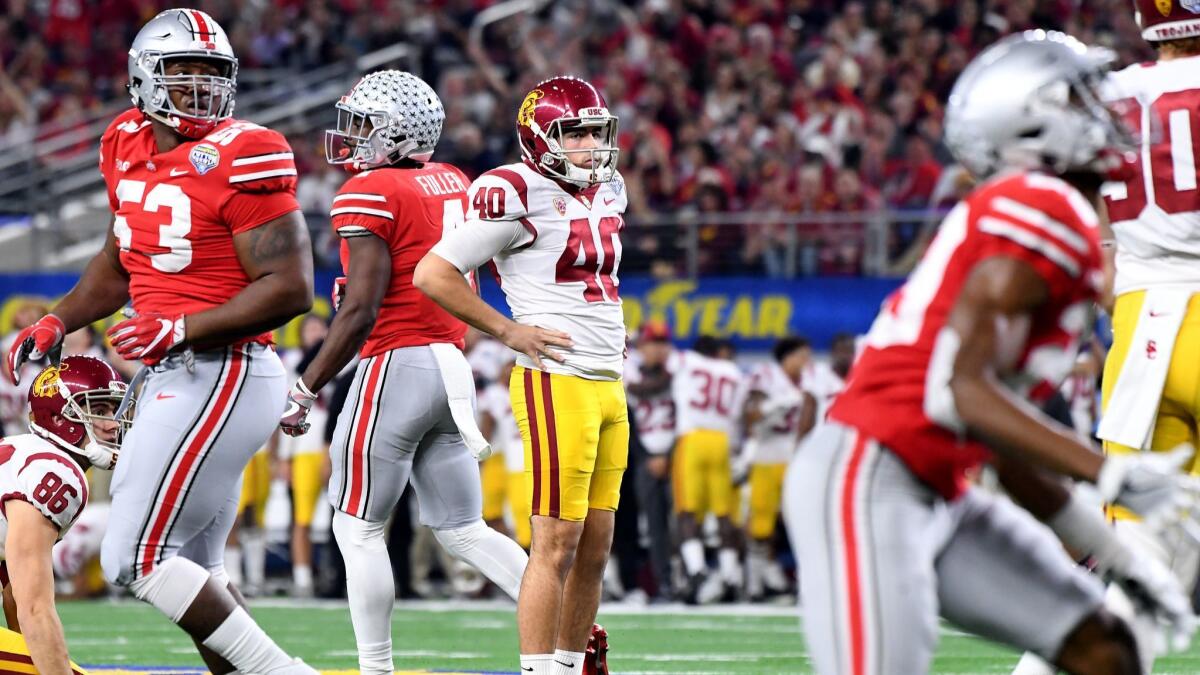 USC kicker Chase McGrath (40) missed this attempt against Ohio State in the Cotton Bowl but kicked well enough last season to earn a scholarship. He is battling Michael Brown in camp.
