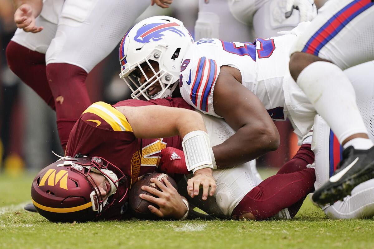 Sam Howell throws 4 interceptions and is sacked 9 times in the Commanders'  37-3 loss to the Bills - The San Diego Union-Tribune