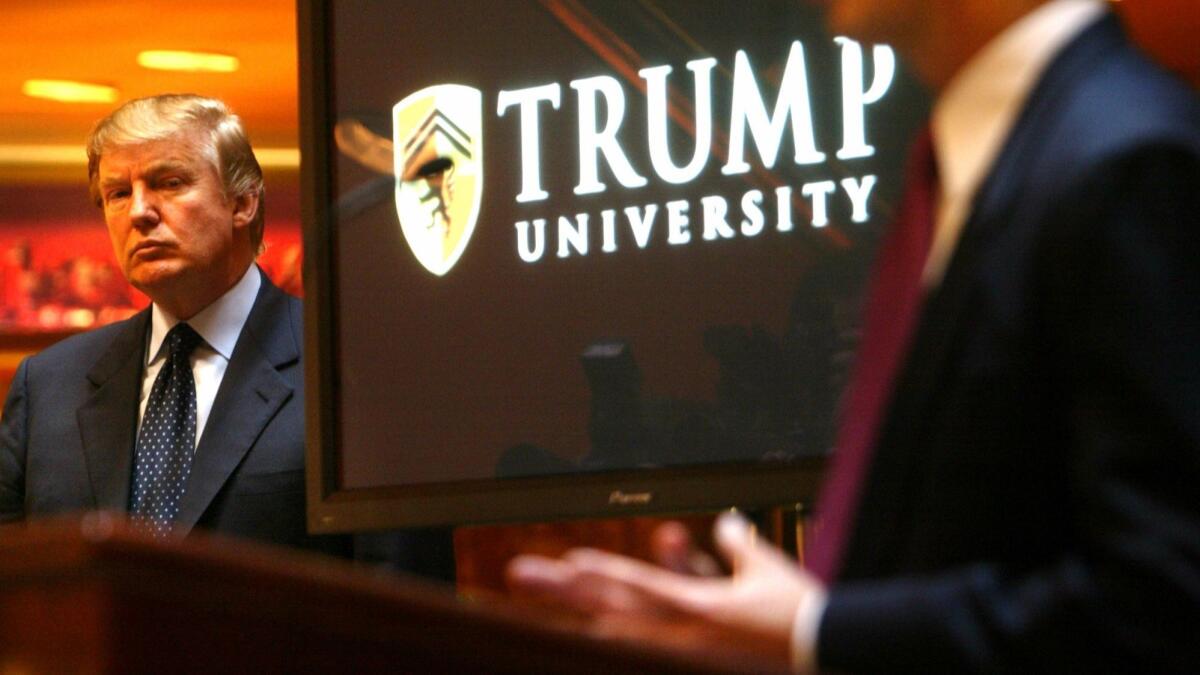 Donald Trump attends a 2005 news conference announcing the establishment of Trump University. A federal appeals court refused to block a $25-million settlement that Trump reached with plaintiffs.