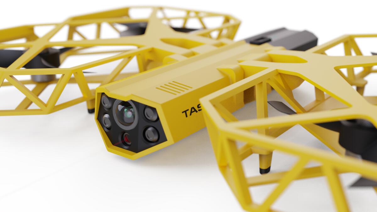 This photo provided by Axon Enterprise depicts a conceptual design through a computer-generated rendering of a taser drone. Taser developer Axon says it is working to build drones armed with the electric stunning weapons that could fly in schools and “help prevent the next Uvalde, Sandy Hook, or Columbine.” But its own technology advisers quickly panned the idea as a dangerous fantasy. (Axon Enterprise, Inc. via AP)