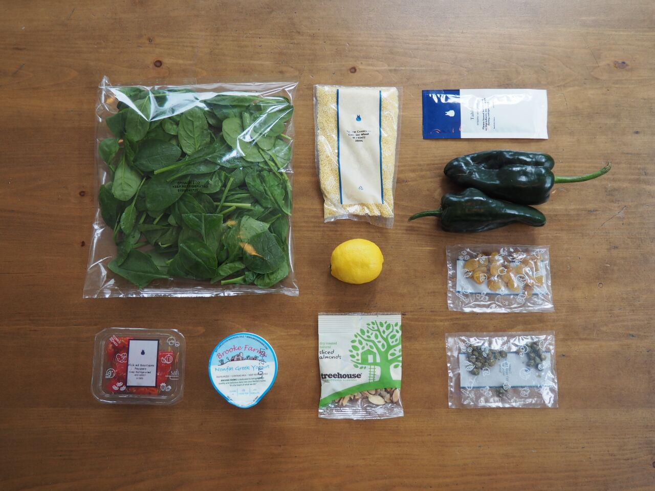 Ingredients for the Blue Apron couscous-stuffed poblano peppers with tahini sauce.