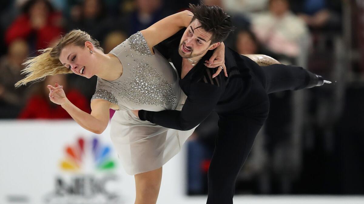 Madison Hubbell and Zachary Donohue compete in the free dance during the U.S. championships on Saturday night in Detroit.