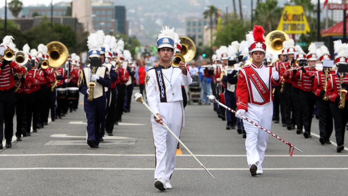 The Burbank and Burroughs high school marching bands performed together during the 34th Annual Burbank on Parade on Saturday, April 25, 2015.