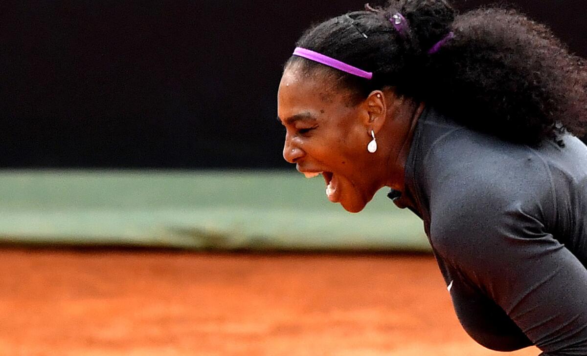 Serena Williams reacts during her match with Madison Keys in the Italian Open final on May 15.