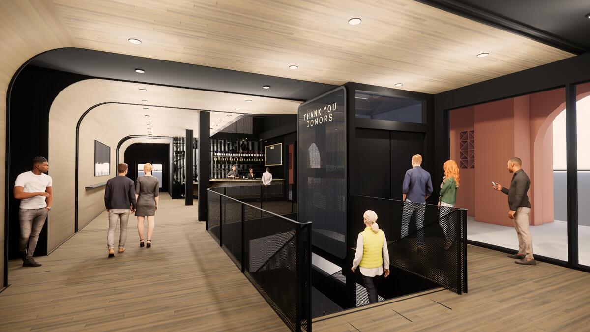 An artist's rendering of the lobby in the Joan and Irwin Jacobs Performing Arts Center at Liberty Station.
