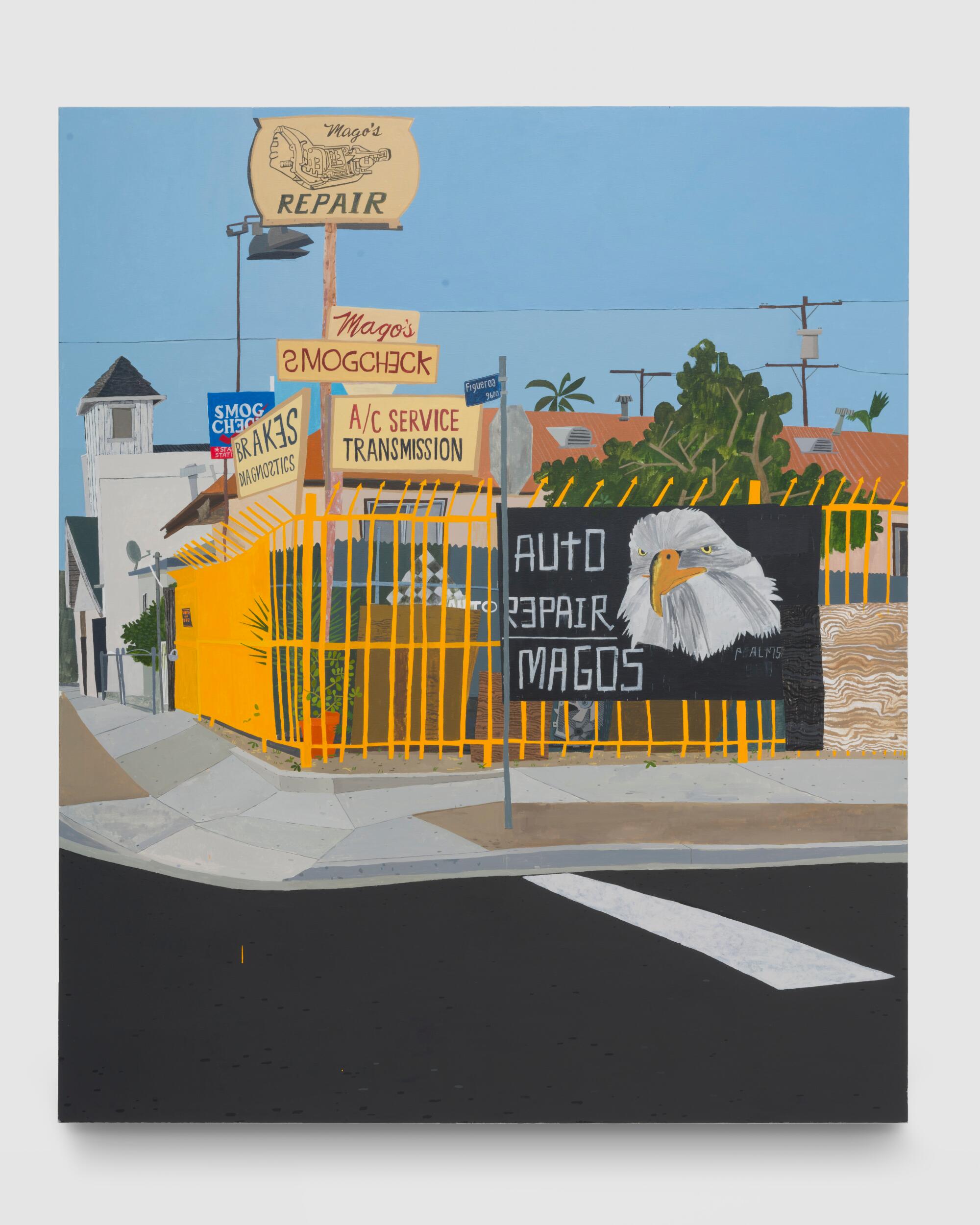 Manuel Lopez, “South Central LA corner (El Mago on Figueroa and 97th),” Acrylic on canvas, 72 x 60 inches, 2023