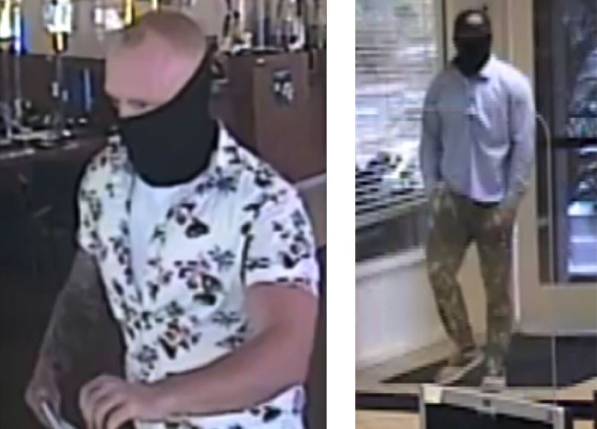 The FBI believes the same man robbed employees at a bank in Hillcrest, left, and in El Cajon, right.