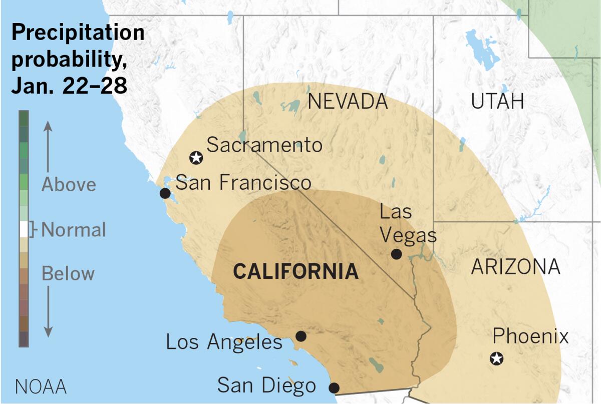 Map showing below-average precipitation forecast for Southern California