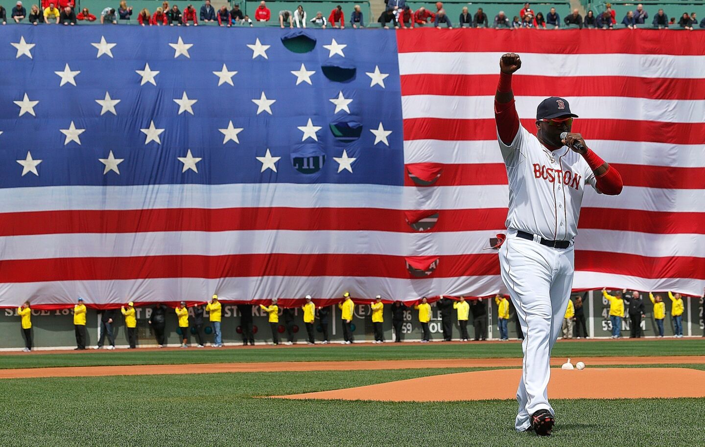 Before the game at Fenway Park, David Ortiz of the Boston Red Sox speaks during a pregame ceremony in honor of the marathon bombing victims.