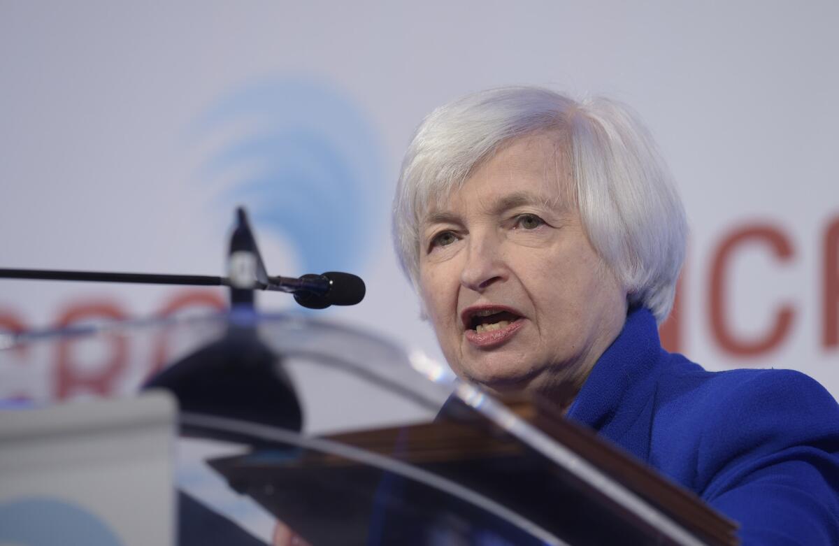 Federal Reserve Chairwoman Janet Yellen speaks at the National Community Reinvestment Coalition conference in Washington on March 28.