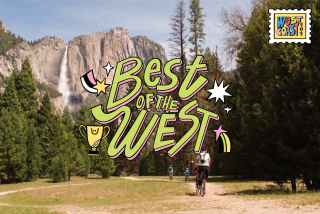Photo of people biking at Yosemite Valley with the words "Best of the West" in the middle and a stamp in the corner.