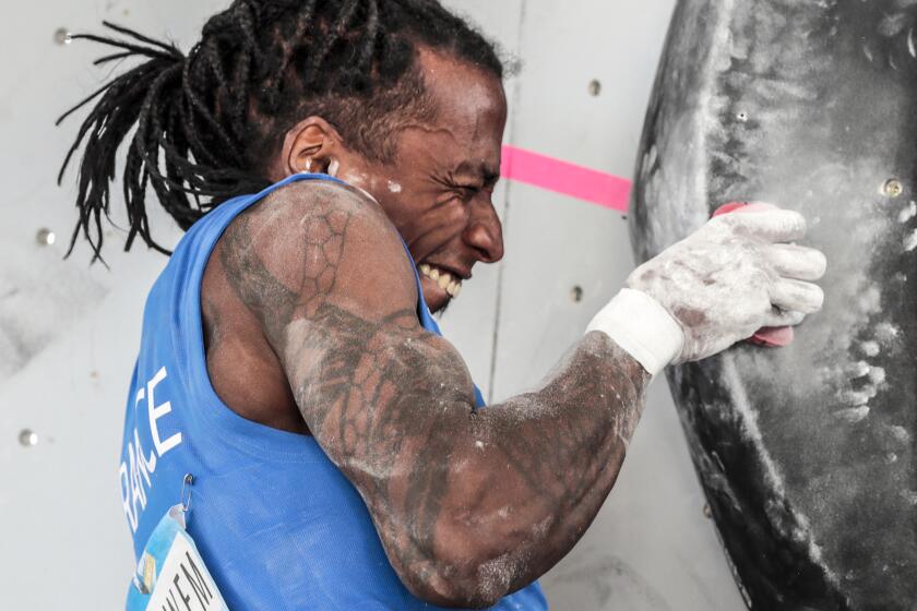 Saturday, May 22, 2021 - French professional rock climber Michael Mawem competes in the International Federation of Sport Climbing World Cup in Salt Lake City. (Robert Gauthier/Los Angeles Times)