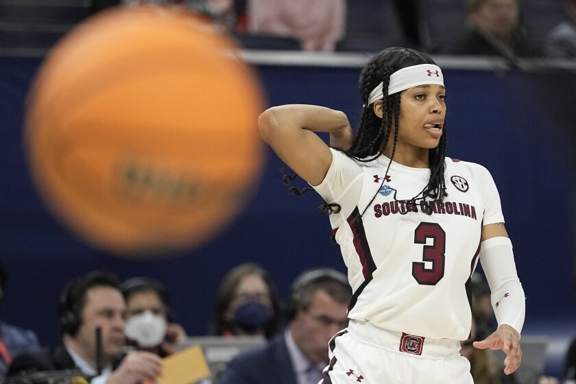 South Carolina's Destanni Henderson reacts after making a shot during the second half of a college basketball game in the semifinal round of the Women's Final Four NCAA tournament Friday, April 1, 2022, in Minneapolis. (AP Photo/Eric Gay)