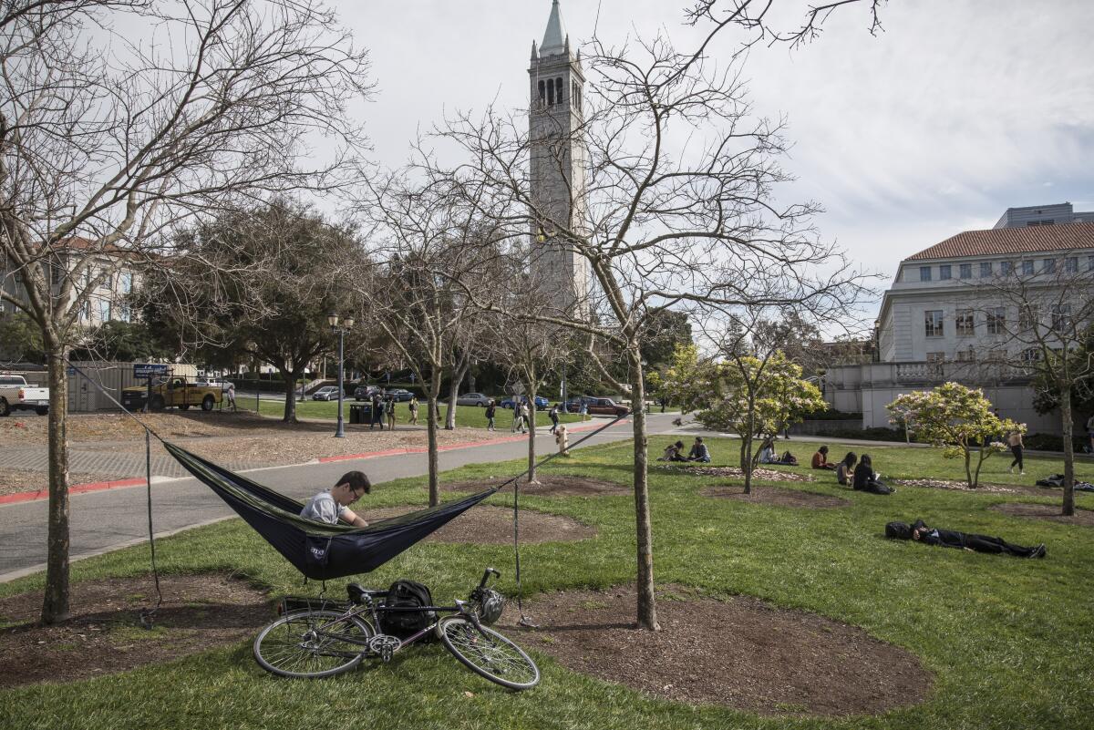 March 2017 photo of student on the campus of the University of California at Berkeley.