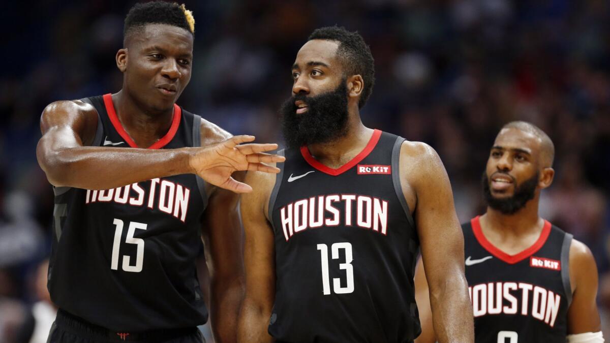 Rockets guard James Harden (13) carried the team during injuries to center Clint Capela (15) and point guard Chris Paul.
