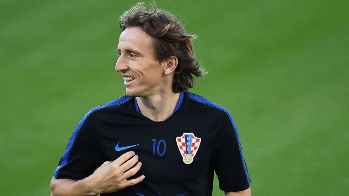 Luka Modric participates in a Croatia training session in preparation for a World Cup semifinal against England.