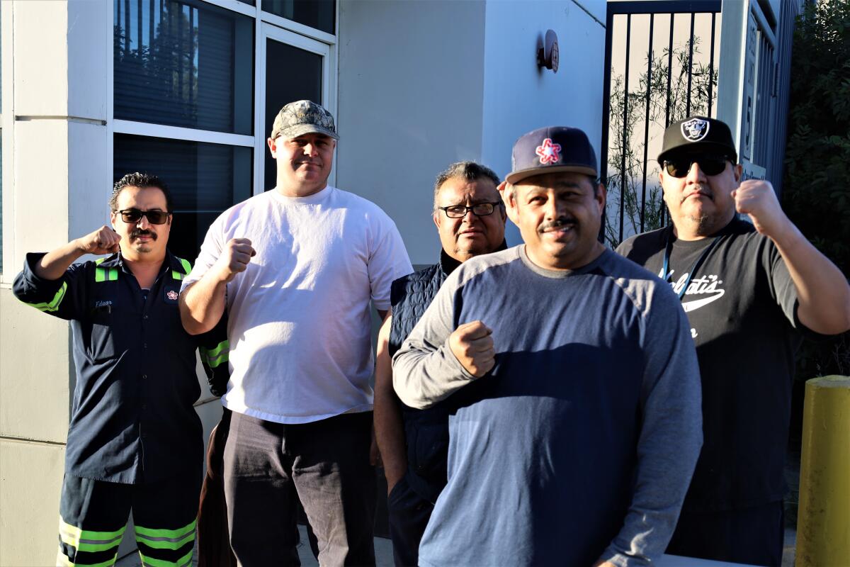 Teamsters Local 396 members outside a Republic Services facility in Anaheim on Nov. 23 during a strike authorization vote.