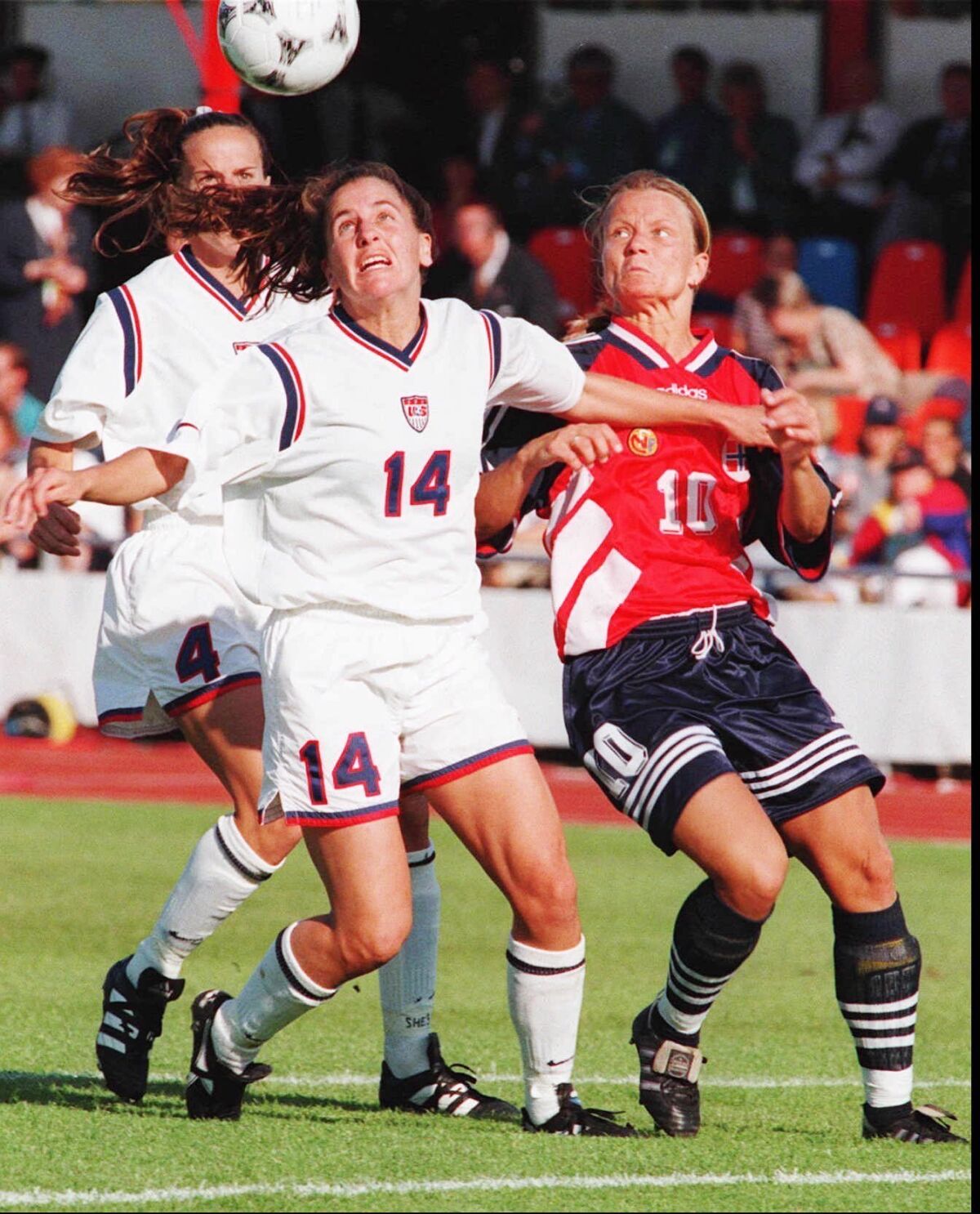 USAs Joy Fawcett, left, fights for the ball with Norway s Linda Medalen during the Women s Soccer World Cup semifinals in Vasteras, Sweden, June,15 1995. Norway defeated USA 1-0 and are ready for the final in Stockholm on Sunday, June 18.
