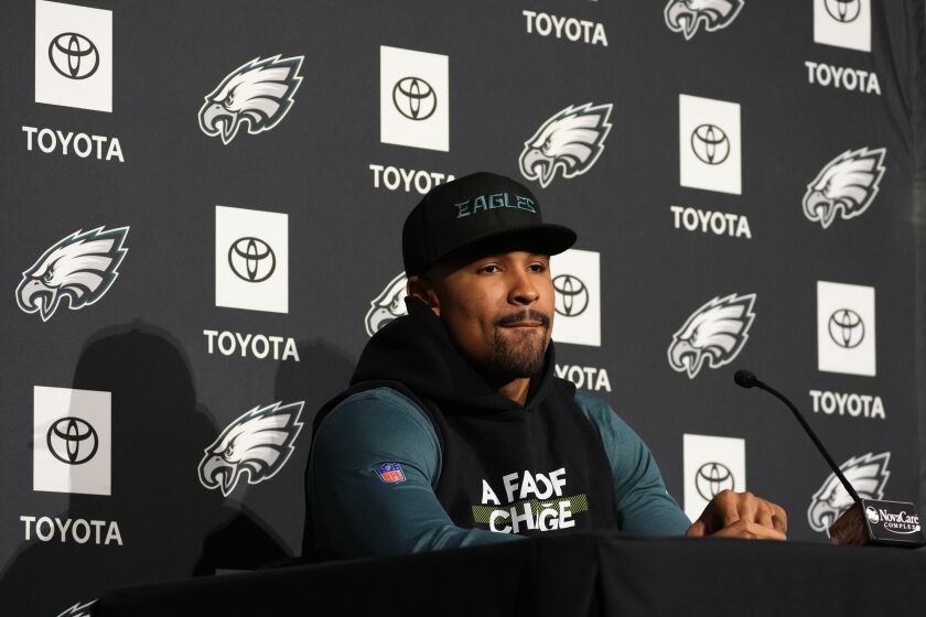 Philadelphia Eagles' Jalen Hurts pauses during a news conference at the NFL football team's training facility, Thursday, Feb. 2, 2023, in Philadelphia. The Eagles are scheduled to play the Kansas City Chiefs in Super Bowl LVII on Sunday, Feb. 12, 2023. (AP Photo/Matt Slocum)