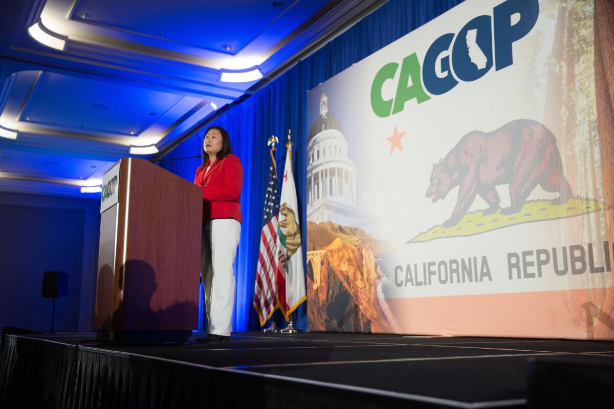California state Sen. Janet Nguyen takes the stage Saturday during the California Republican Party convention in Sacramento.