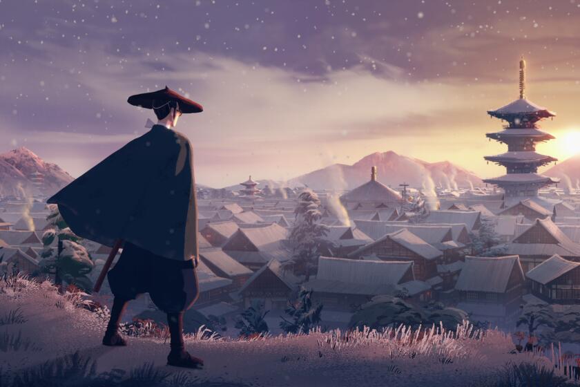 A samurai approaches a snowy Japanese village with the temple rising above the skyline.