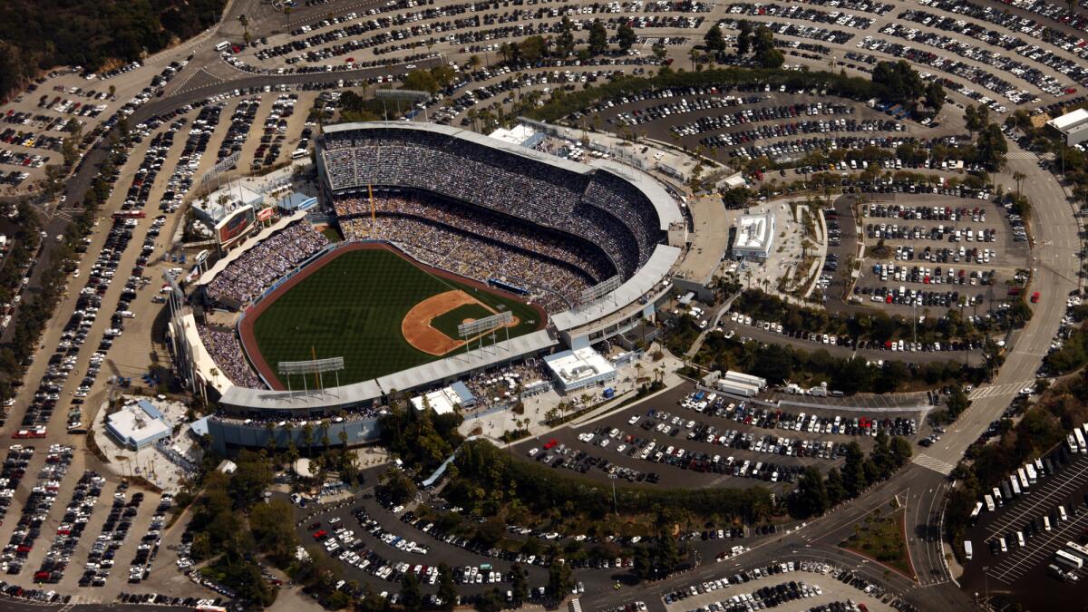 An aerial view of Dodger Stadium during their 2014 home opener against the San Francisco Giants on April 4.