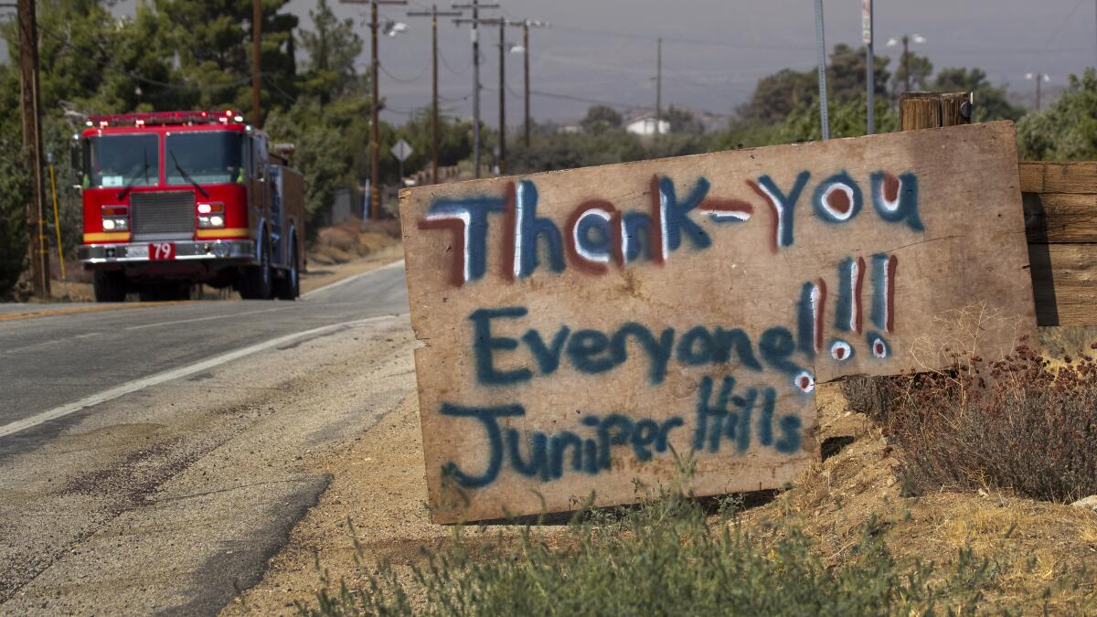 A thank-you sign was posted by Juniper Hills residents for firefighters battling the Bobcat fire.
