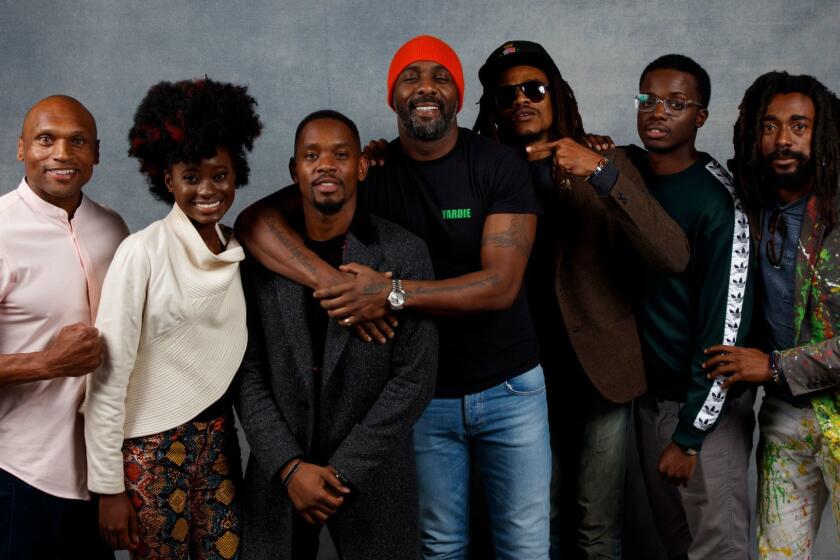 PARK CITY,UTAH --SATURDAY, JANUARY 20, 2018-- Actor Mark Riho Smith, actor Shantel Jackson, director/actor Idris Elba, actor Sheldon Shpehard, and actor Raez, from the film, "Yardie," photographed in the L.A. Times Studio at Chase Sapphire on Main, during the Sundance Film Festival in Park City, Utah, Jan. 20, 2018. (Jay L. Clendenin / Los Angeles Times)