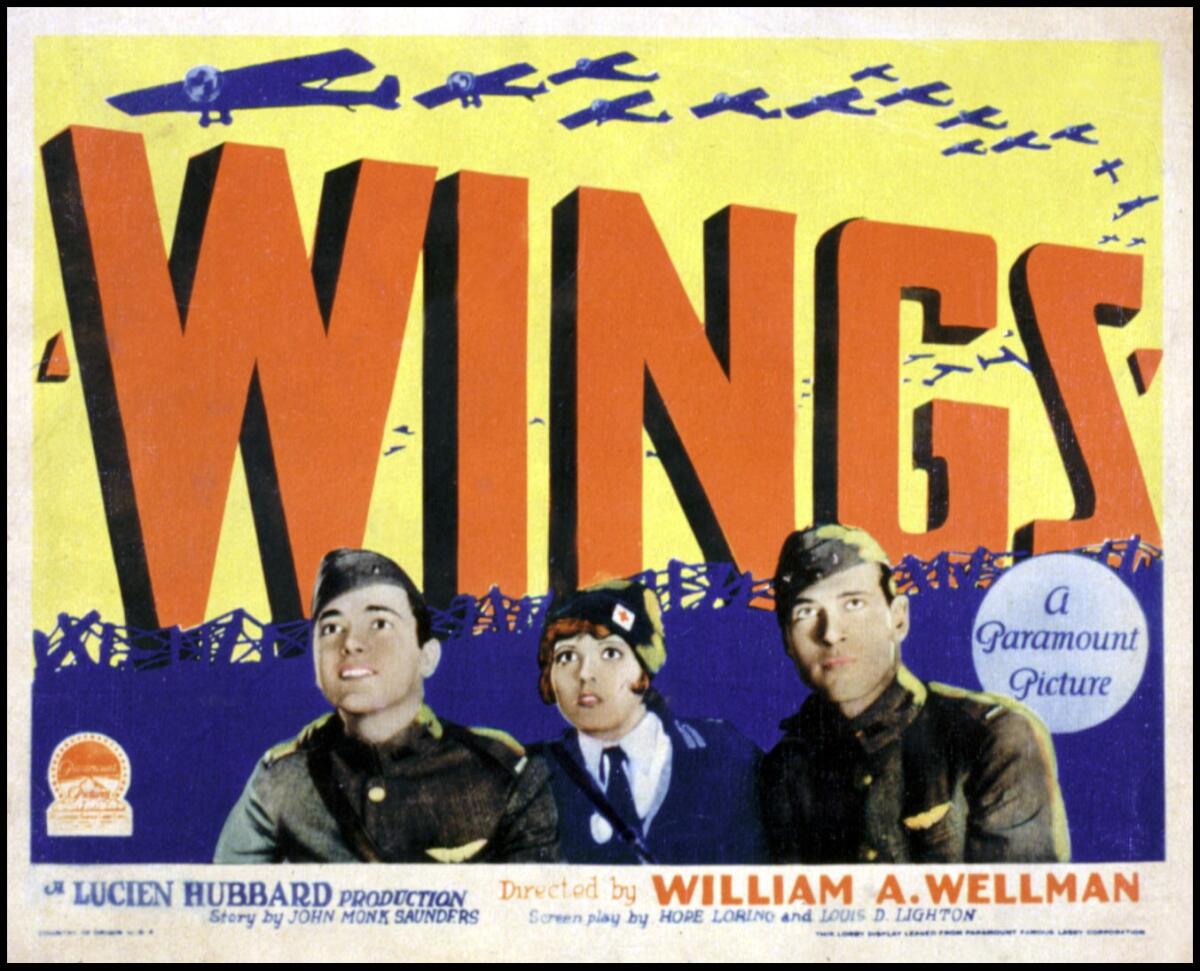 Wings, poster, Charles "Buddy" Rogers, Clara Bow, Richard Arlen, 1927. (Photo by LMPC via Getty Images)
