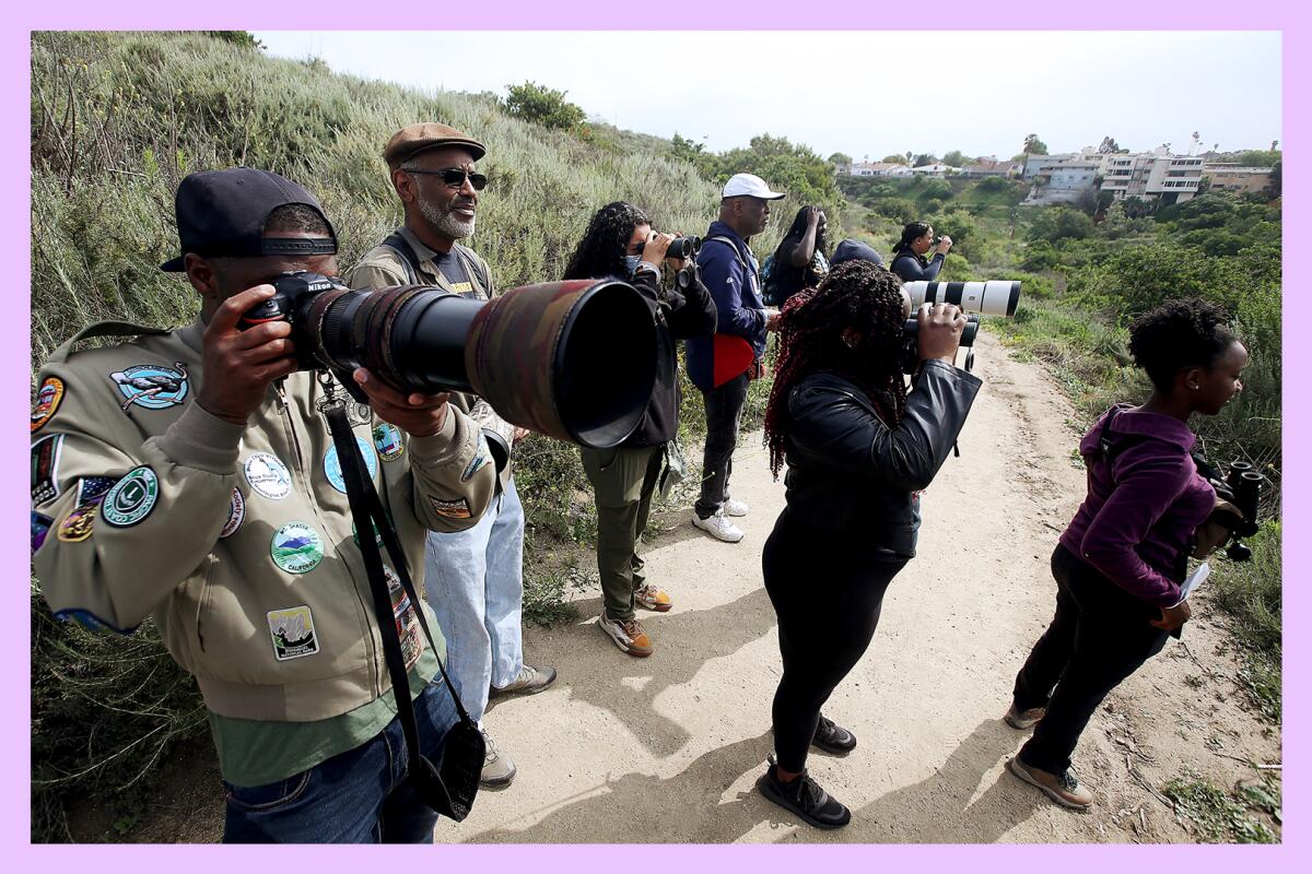 Bird-watchers photograph birds at Kenneth Hahn State Recreation Area in Los Angeles.