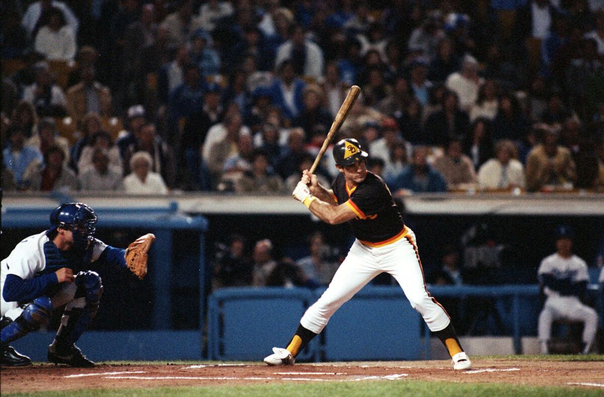 Padres' Steve Garvey bats in April 1983 during game against the Dodgers in Los Angeles.