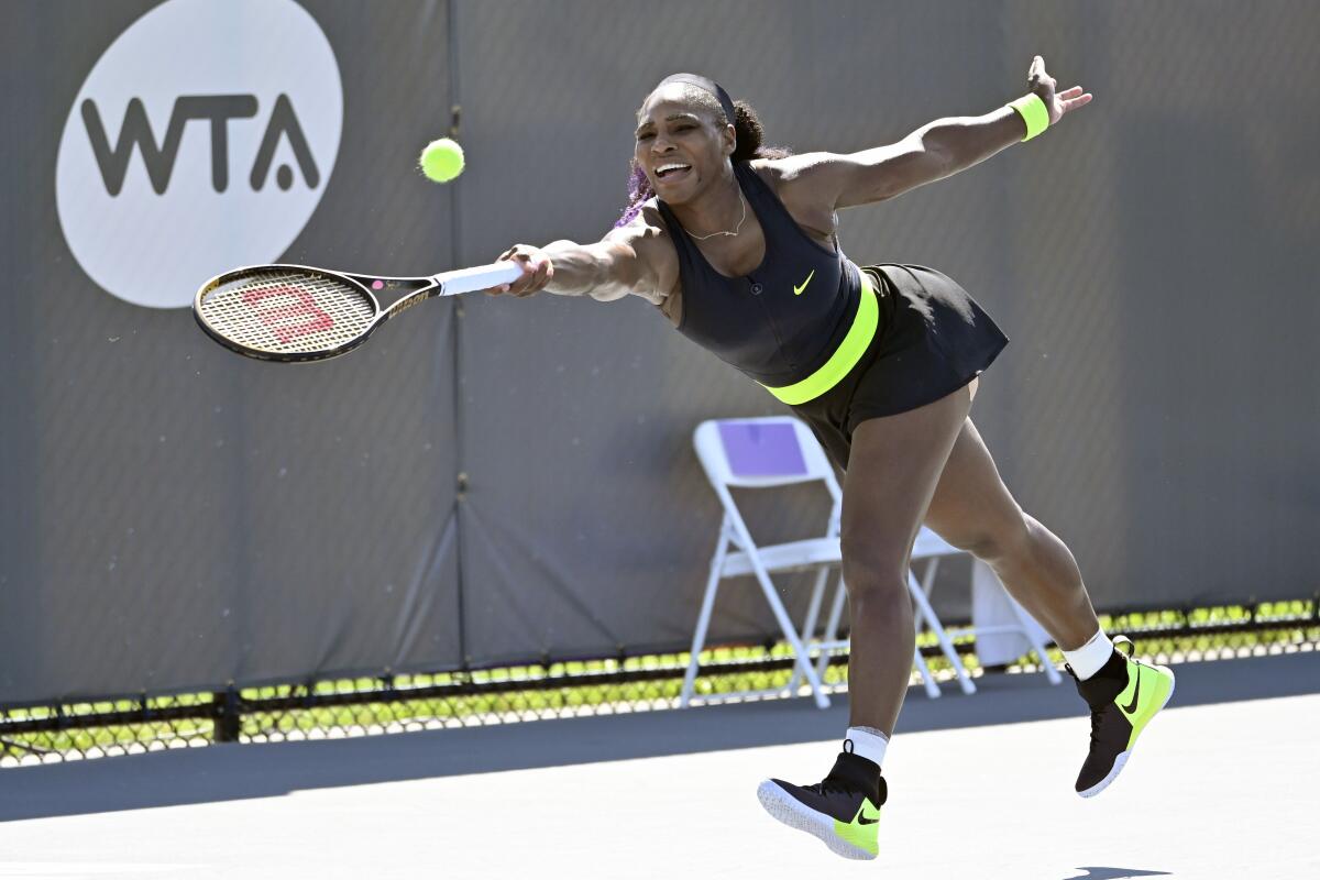 Serena Williams reaches for a shot in her match against Shelby Rogers on Aug. 14, 2020.
