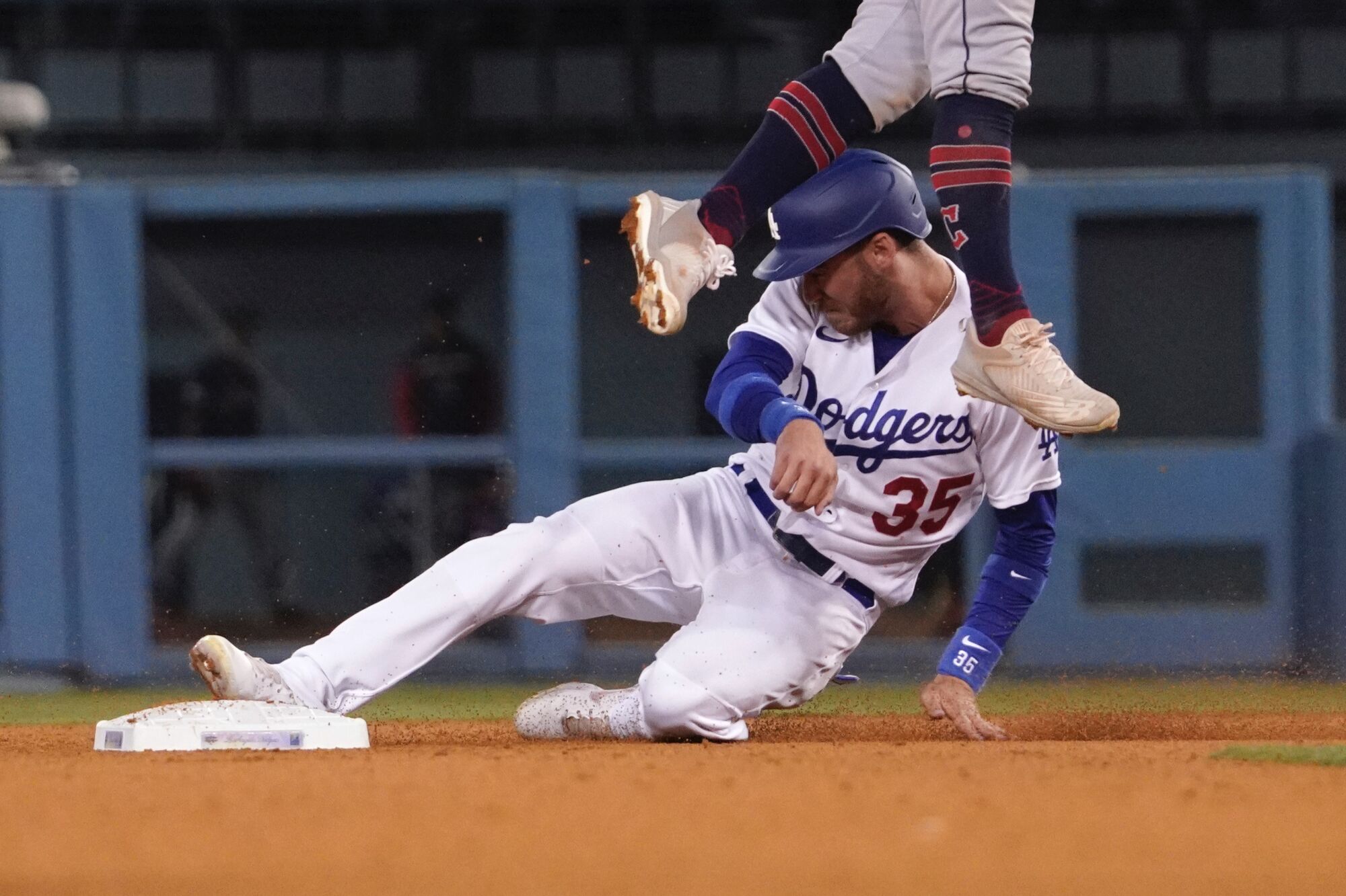 Cody Bellinger steals second base during the ninth inning of the Dodgers' loss to the Cleveland Guardians.