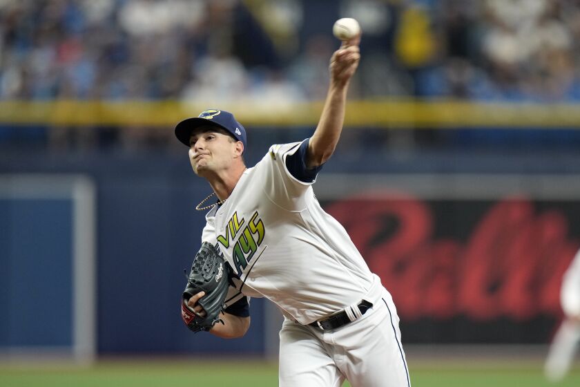 Tampa Bay Rays starting pitcher Shane McClanahan delivers to the Detroit Tigers during the first inning of a baseball game Thursday, March 30, 2023, in St. Petersburg, Fla. (AP Photo/Chris O'Meara)