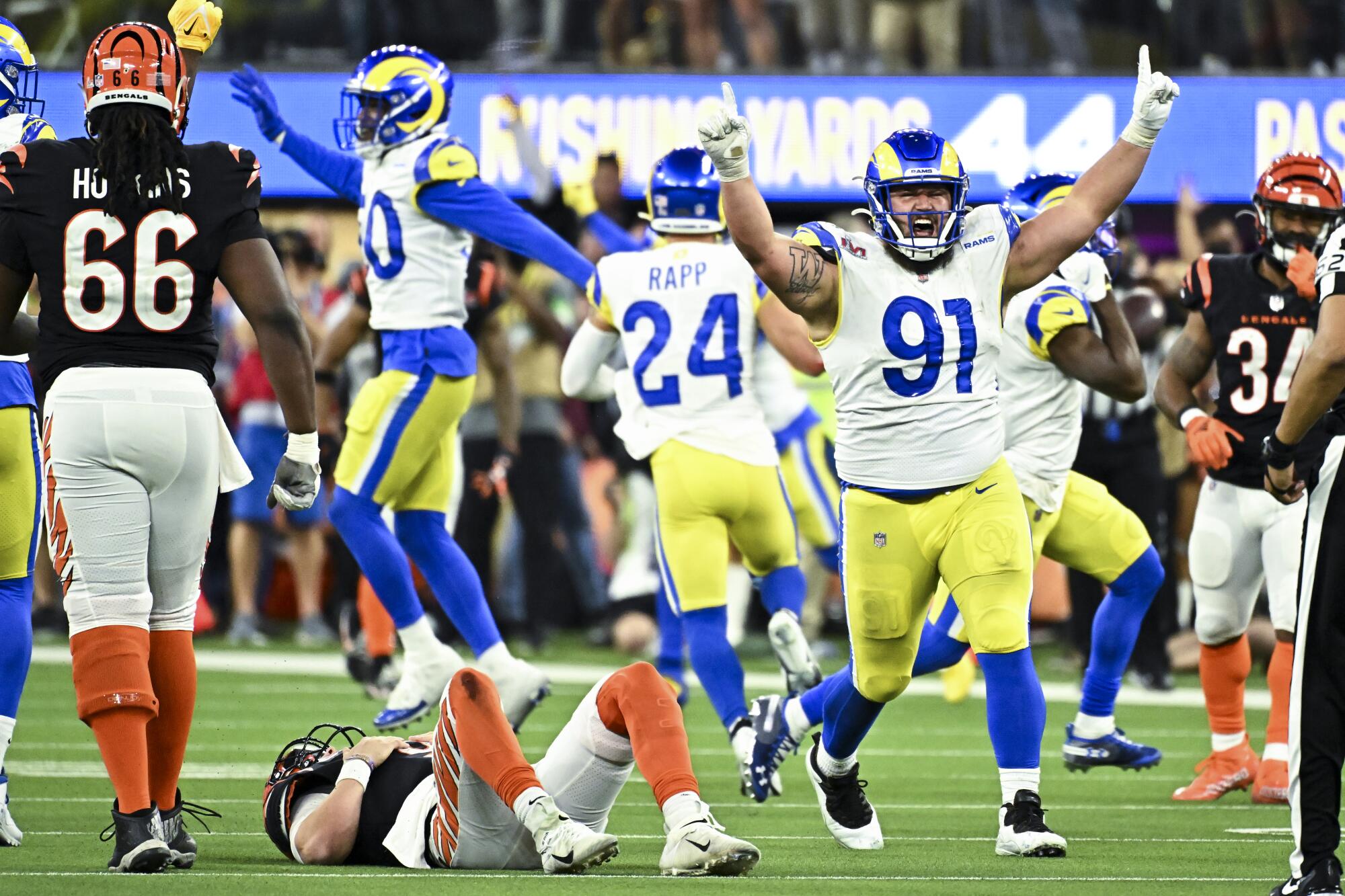  Rams nose tackle Greg Gaines celebrates 