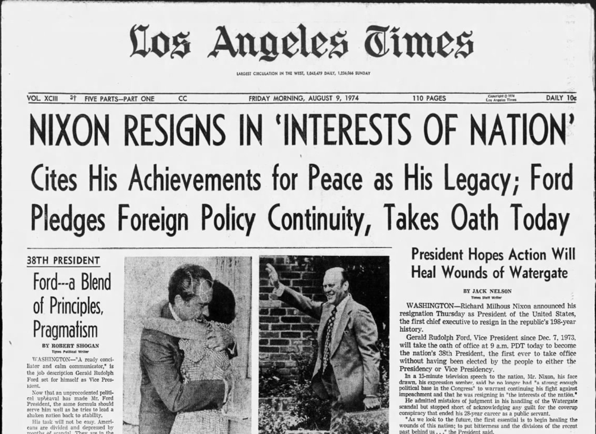 "Nixon resigns in 'interests of nation,'" announces the front page of the Aug. 9, 1974, edition of the Los Angeles Times.
