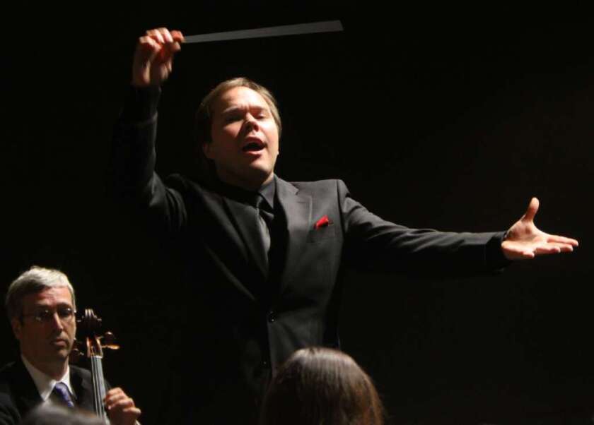 Marcelo Lehninger leading the New West Symphony at Barnum Hall in 2012.