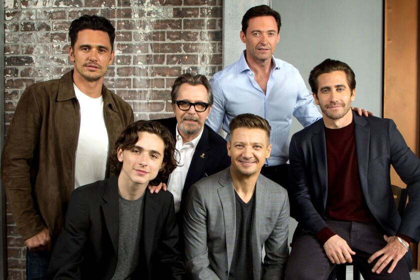 James Franco, Timothée Chalamet, Gary Oldman, Jeremy Renner, Hugh Jackman and Jake Gyllenhaal at the Envelope roundtable.