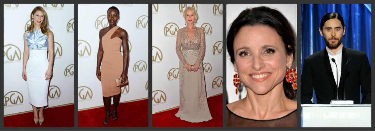 From left, Claire Danes, Lupita Nyong'o, Helen Mirren, Julia Louis-Dreyfus and Jared Leto at Producers Guild of America Awards at the Beverly Hilton Hotel in Beverly Hills.
