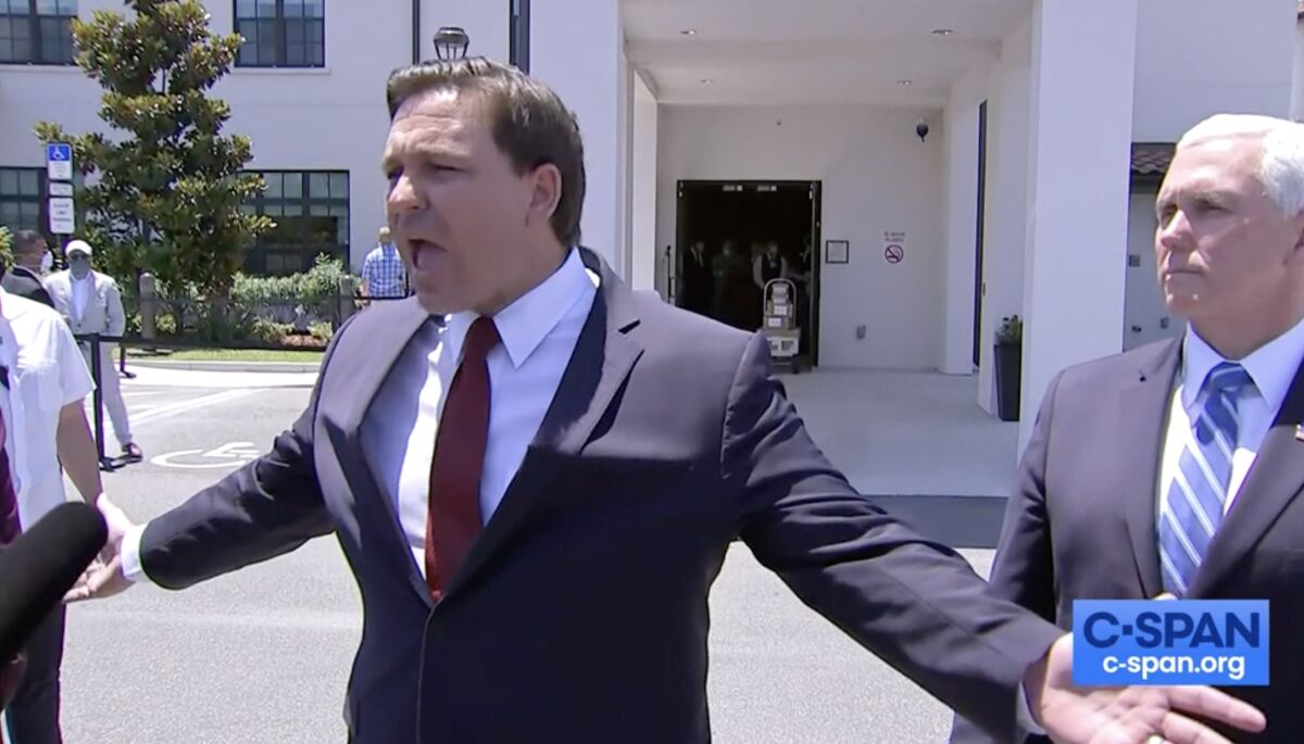 A blustering Florida Gov. Ron DeSantis claims on May 20 to have defeated the coronavirus. 