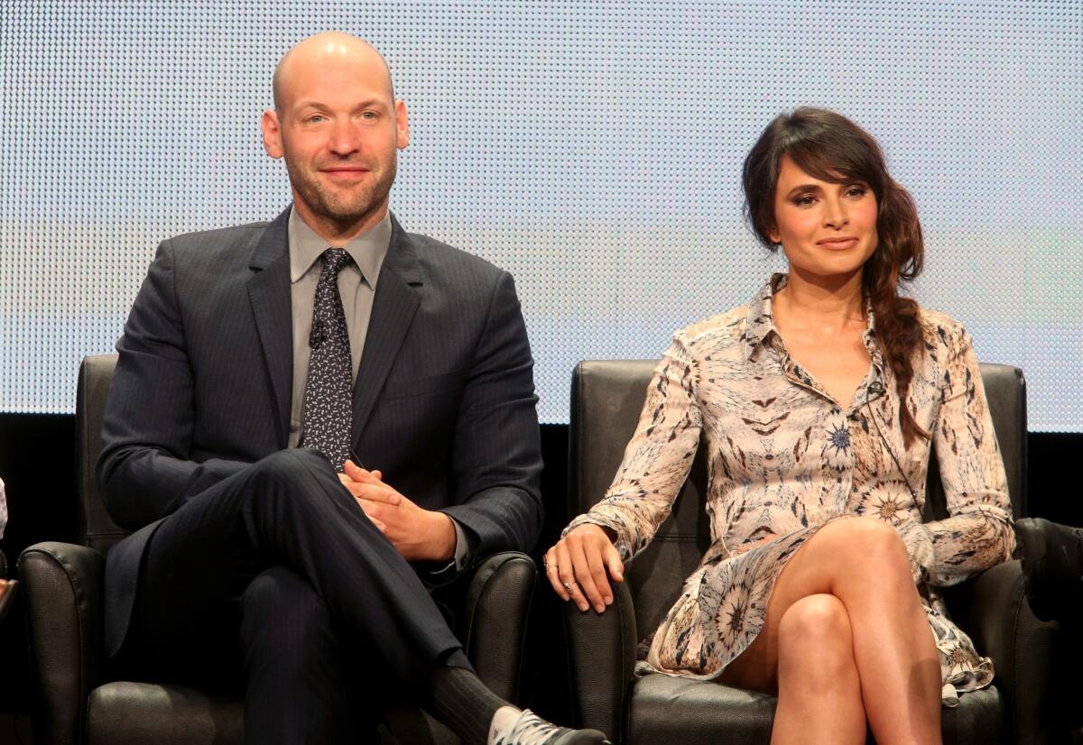 Corey Stoll and Mia Maestro answer questions at the panel for "The Strain."