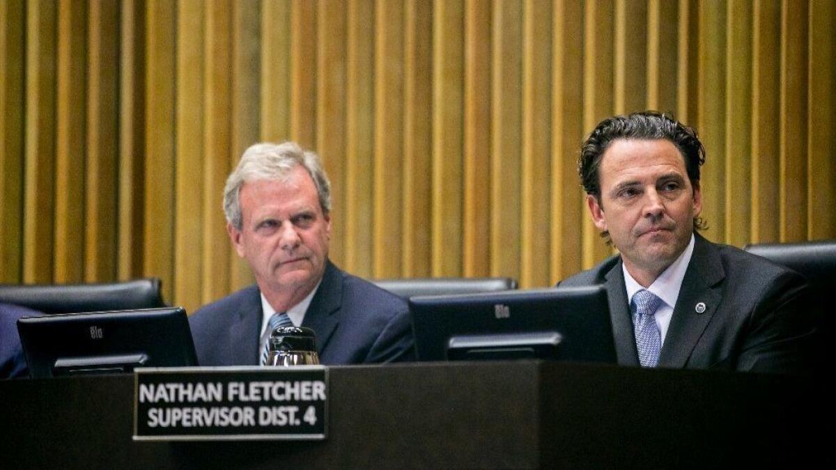 Supervisor Jim Desmond, pictured here next to fellow Supervisor Nathan Fletcher in January, expressed supervisors' shared frustration at their inability to regulate the 5G roll-out.